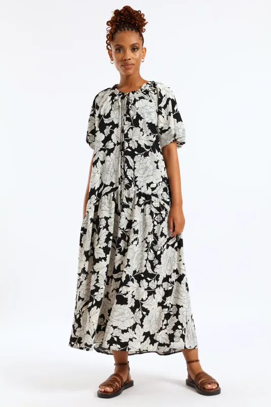 Bubble Sleeve Frill Neck Drop Waist Maxi Dress - Black/White sold by Edgars