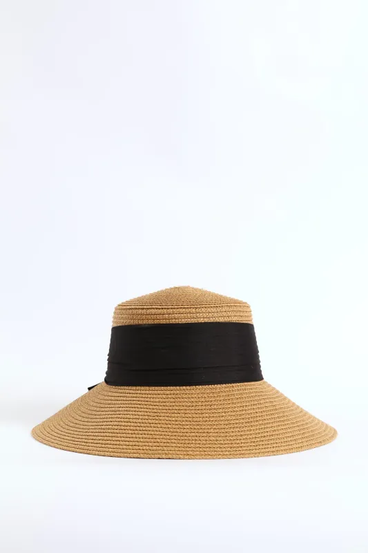 Black Bow Turn Down Straw Hat - Tan sold by Edgars