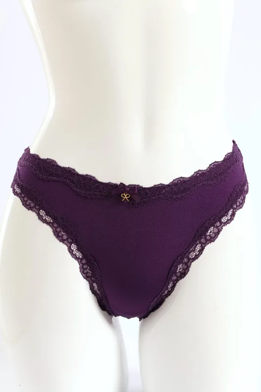 Shiny Microfibre & Lace Back Brazilian Panty - Plum sold by Edgars