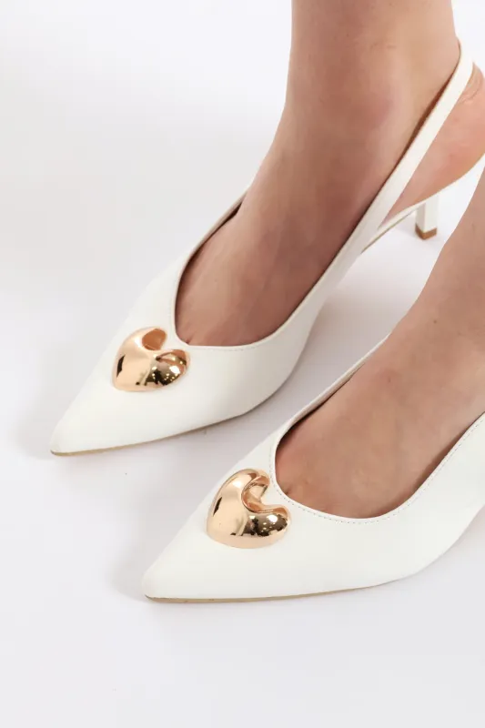 3D Heart Trim Slingback Heel - White sold by Edgars