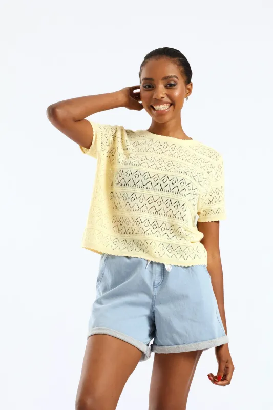 Turnup Knit Denim Mid Thigh Short - Light Wash sold by Edgars