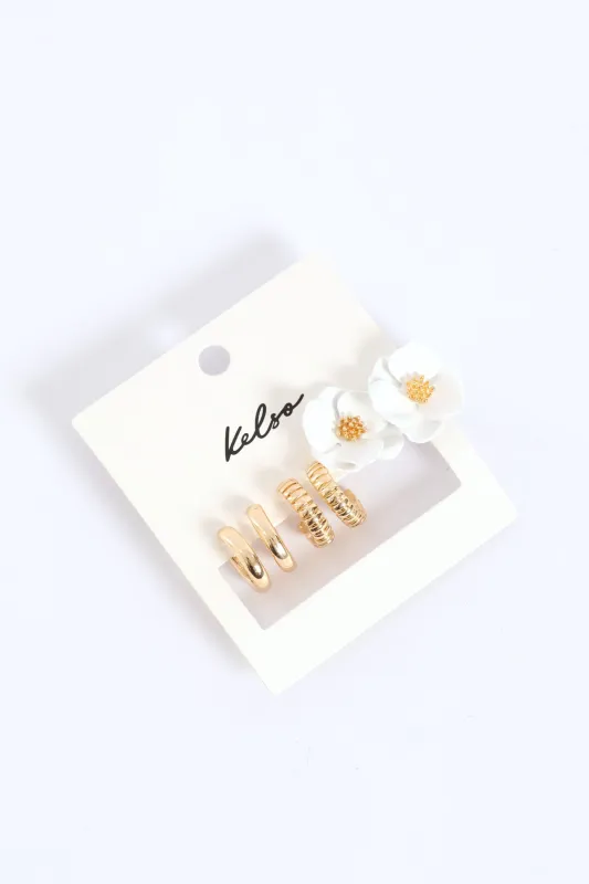 3 Pack Floral Hoop Earrings - Gold sold by Edgars