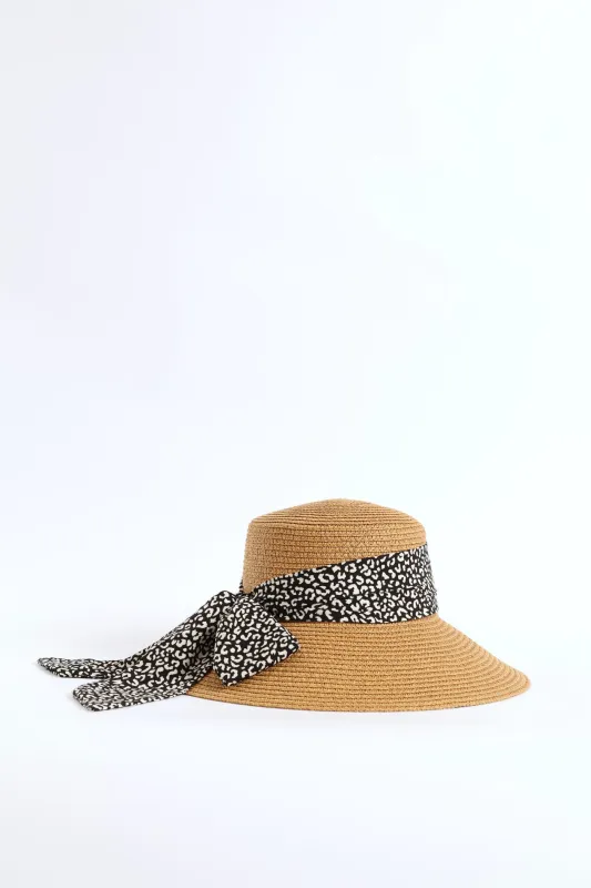 Leopard Ribbon Turned Down Straw Hat - Tan sold by Edgars