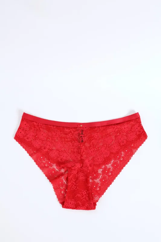 Shimmer Waistband Lace Midi Panty - Red sold by Edgars