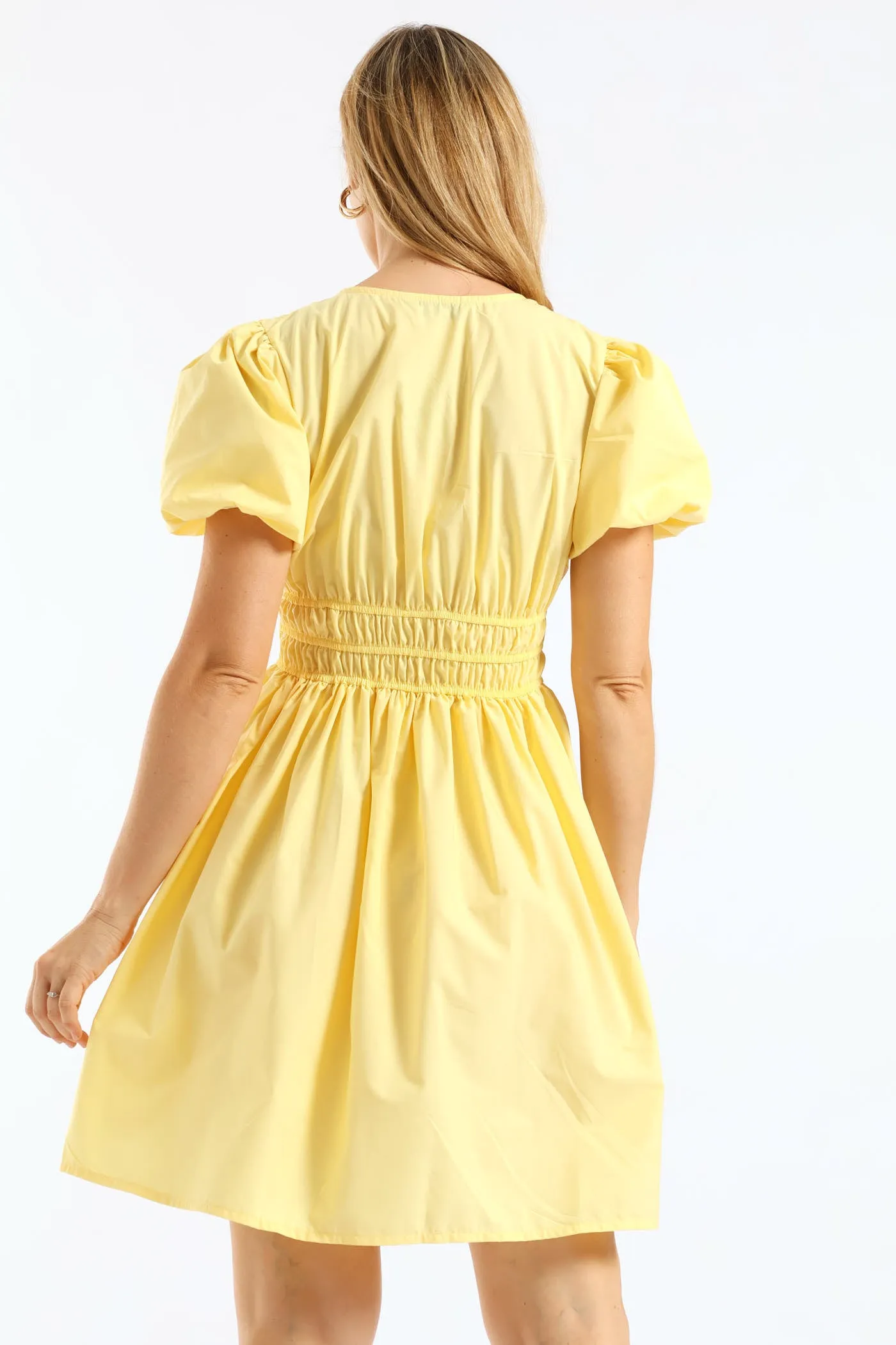 Bubble Sleeve V-Neck Elasticated Waist Fit & Flare Mini Dress - Light Yellow sold by Edgars product image thumbnail 4