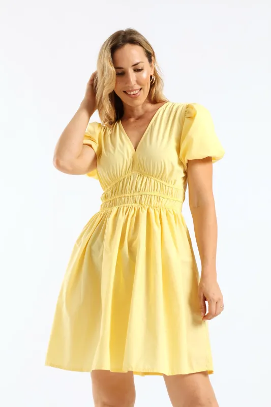 Bubble Sleeve V-Neck Elasticated Waist Fit & Flare Mini Dress - Light Yellow sold by Edgars