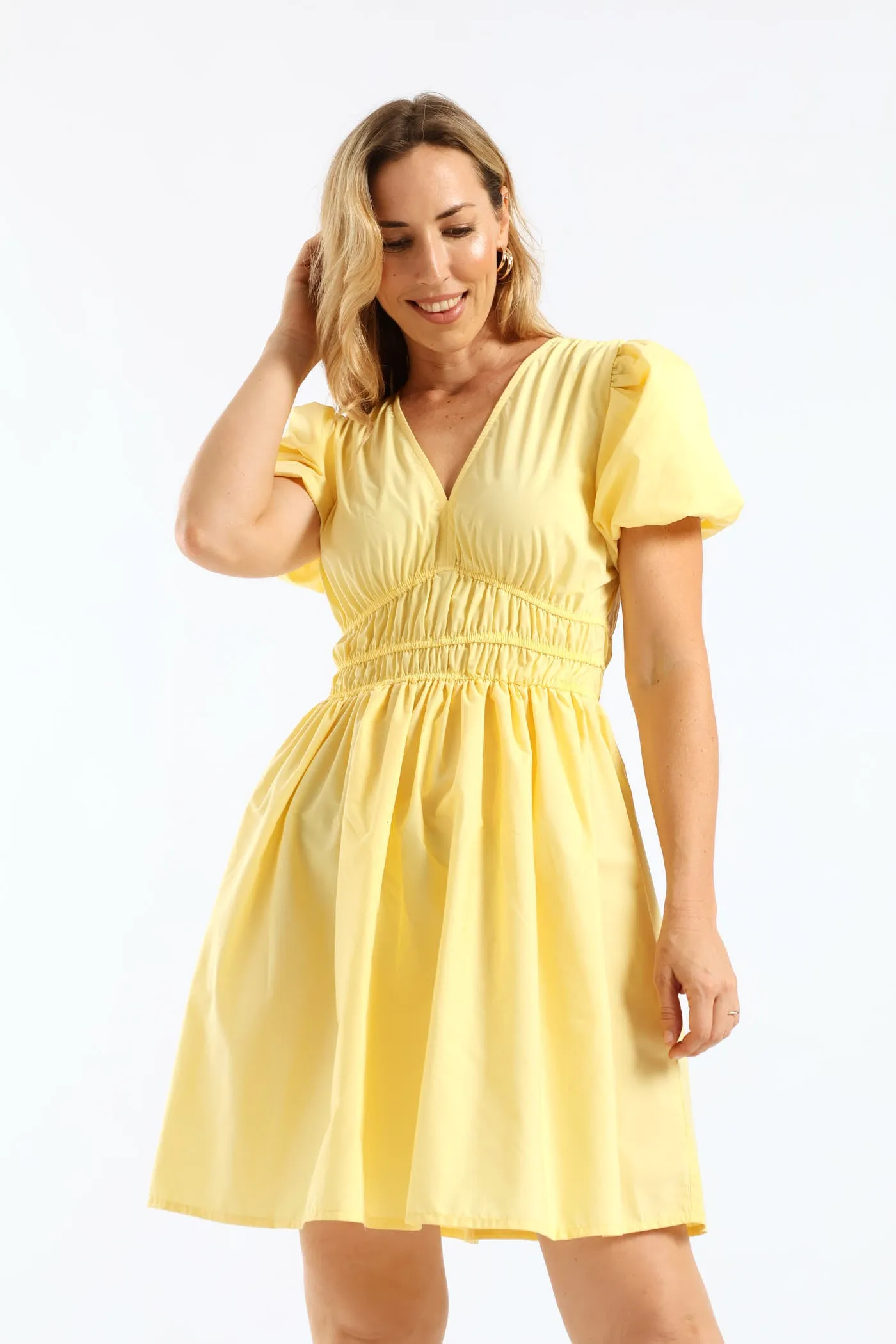 Bubble Sleeve V-Neck Elasticated Waist Fit & Flare Mini Dress - Light Yellow sold by Edgars