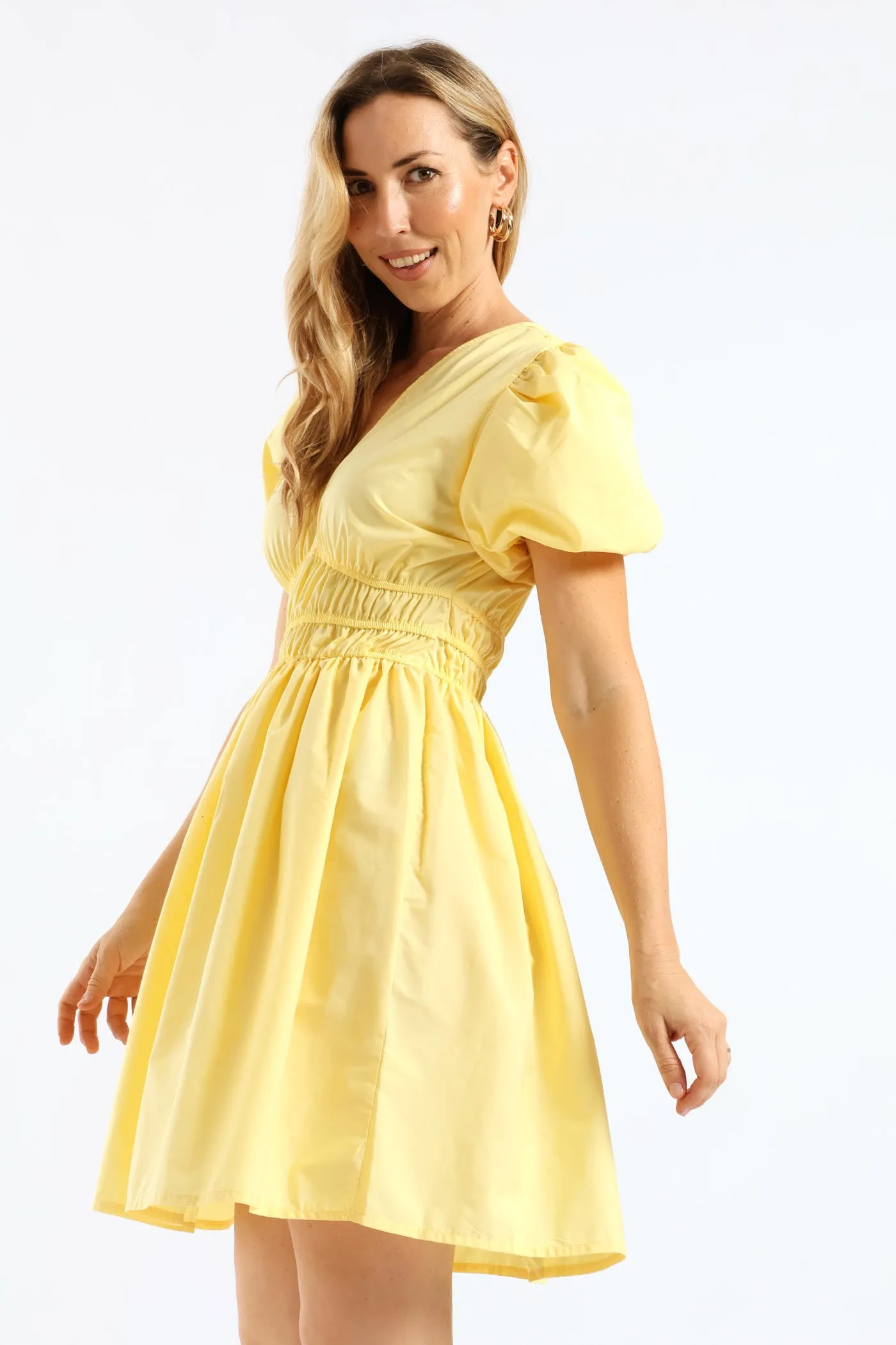 Bubble Sleeve V-Neck Elasticated Waist Fit & Flare Mini Dress - Light Yellow sold by Edgars product image thumbnail 3
