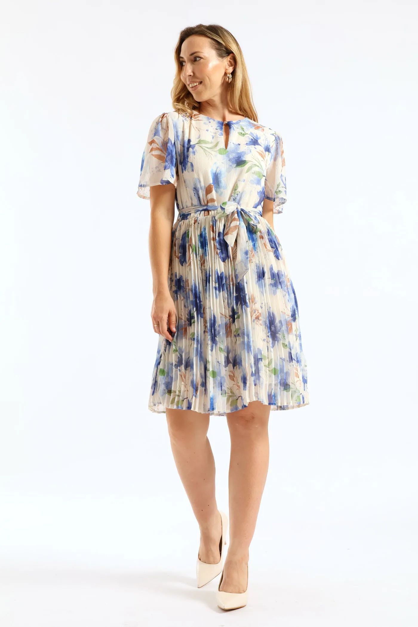 Floral Pleated Tea Dress - Cream/Blue sold by Edgars