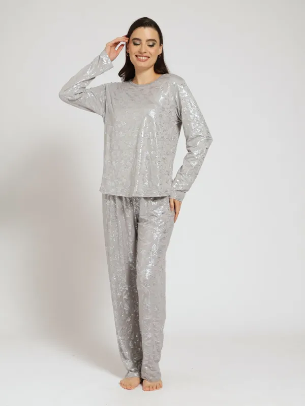 Long Sleeve Metallic Leaf Ditsy Pj Top & Pant Set  - Grey sold by Edgars