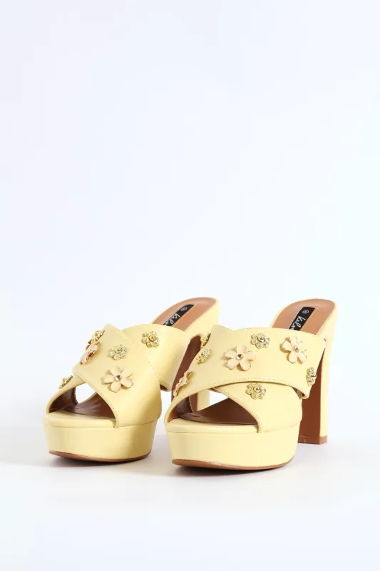 Flower Jewel Crosstrap Platform Heel - Light Yellow sold by Edgars
