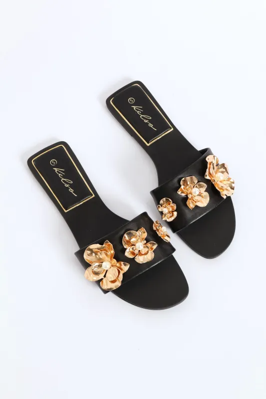 Flower Trim Single Band Sandal - Black sold by Edgars