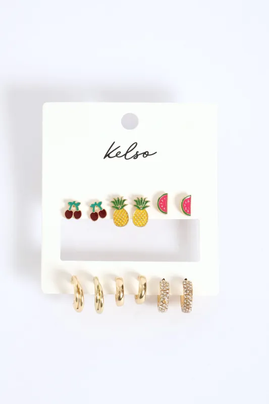 6 Pack Tropical Fruit & Hoop Earrings - Gold sold by Edgars