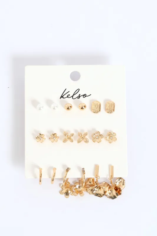 9 Pack Floral Studs & Drop Earrings - Gold sold by Edgars