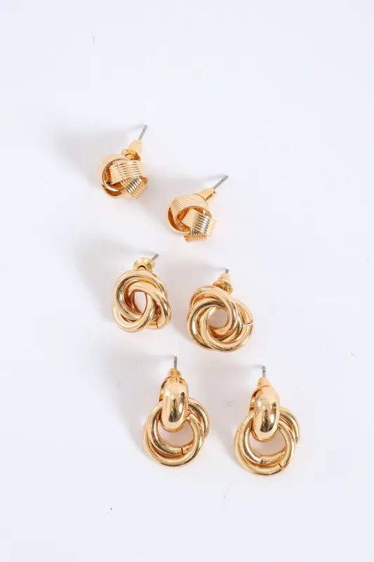 3 Pack Knot Stud Earring - Gold sold by Edgars