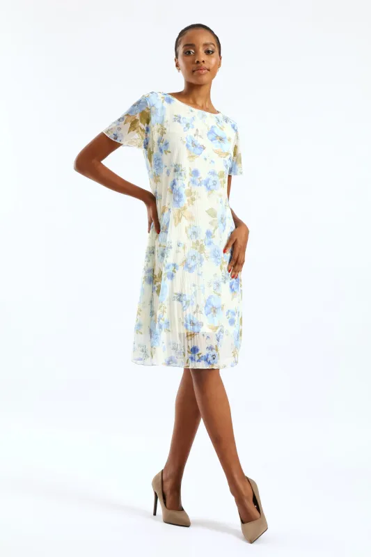 Release Pleat Floral Mesh Midi Dress - Cream/Blue sold by Edgars