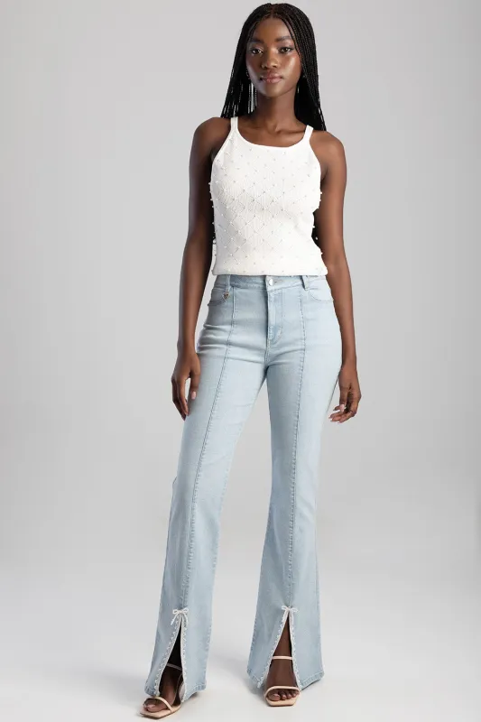 Mid Waist Bootleg Denim With Trim - Light Wash sold by Edgars