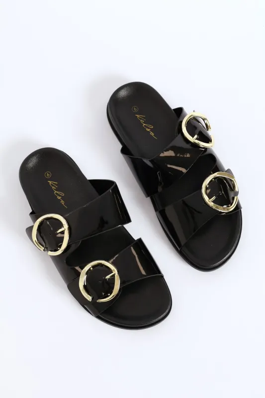 Double Shaped Buckle Slide Sandal - Black sold by Edgars