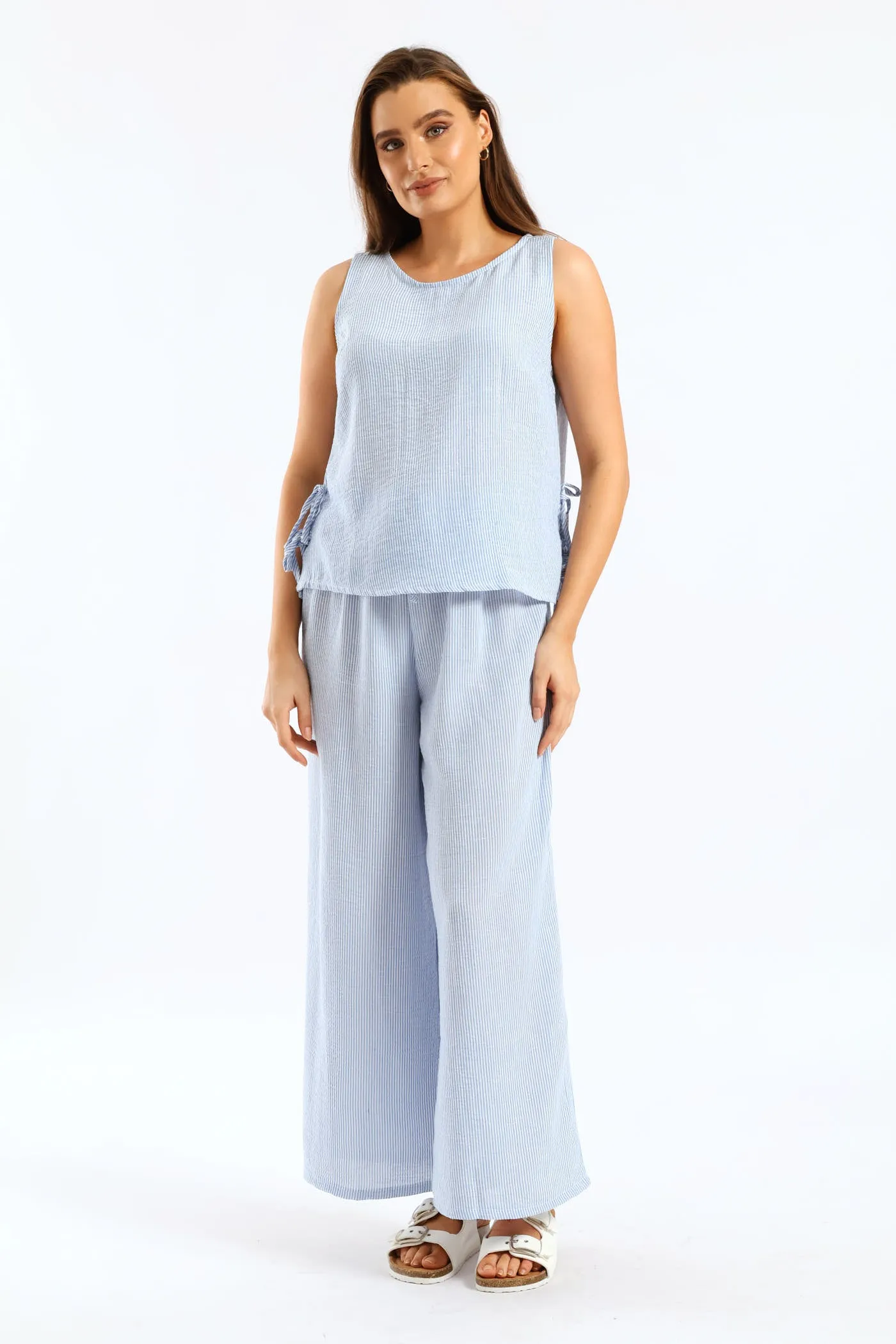Pull-On Linen Wideleg Pants - White/Light Blue sold by Edgars