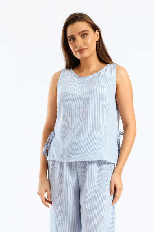 Side Tie Pinstripe Shell Tank - White/Light Blue sold by Edgars