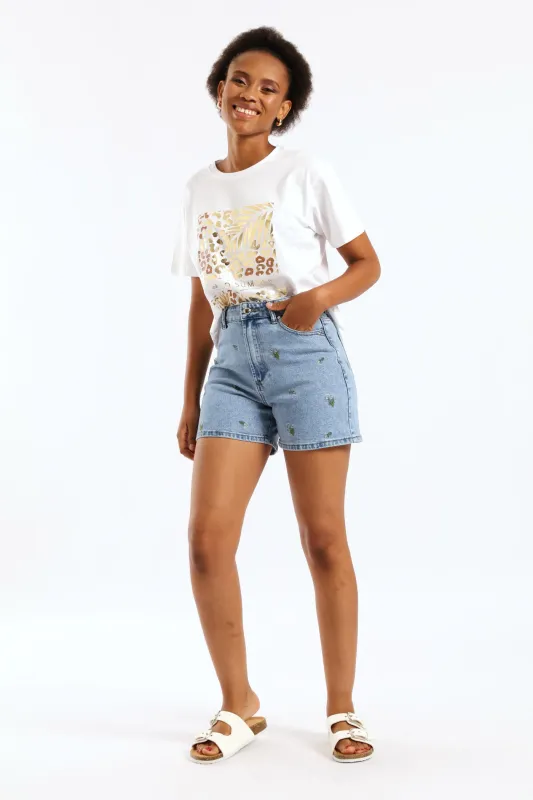 Floral Embroidered Mid Thigh Mom Shorts - Light Wash sold by Edgars