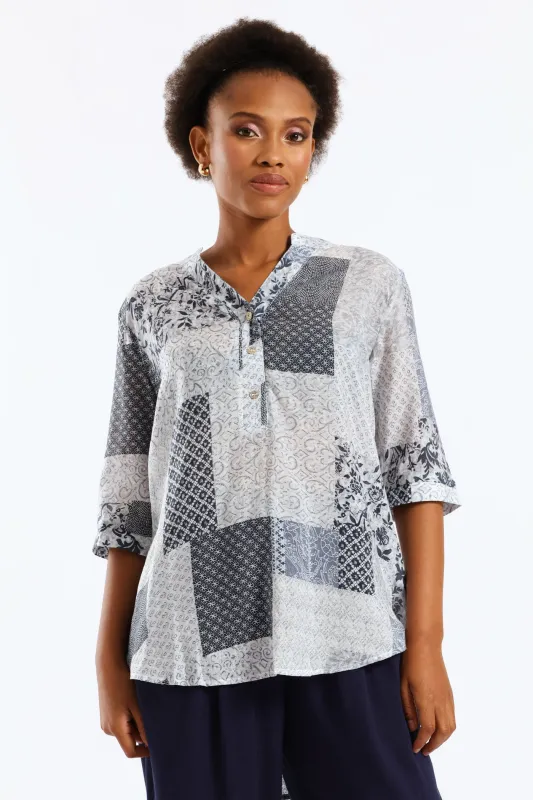 Half Placket Half Sleeve Patchwork Sheer Blouse - Multi sold by Edgars