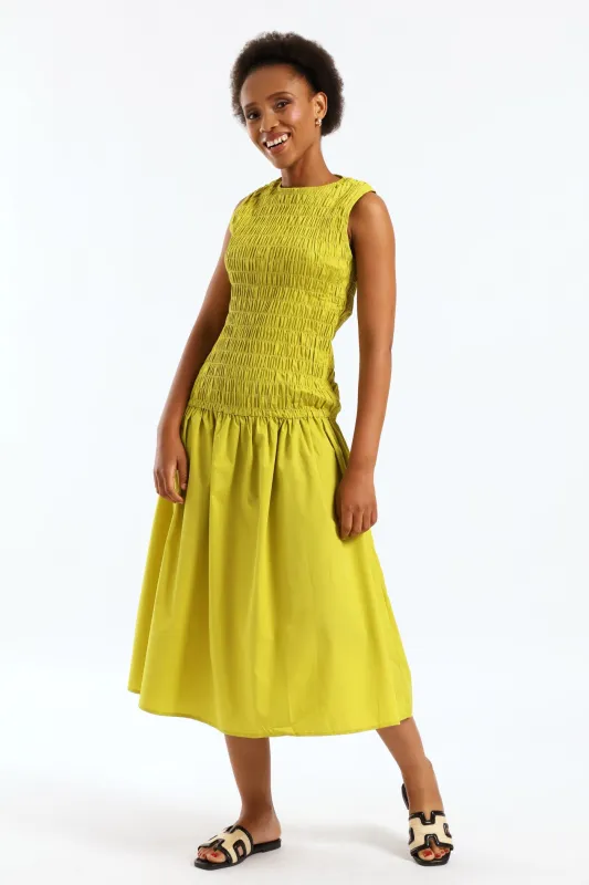Hi-Neck Shirred Drop Waist Midaxi Dress - Chartreuse sold by Edgars