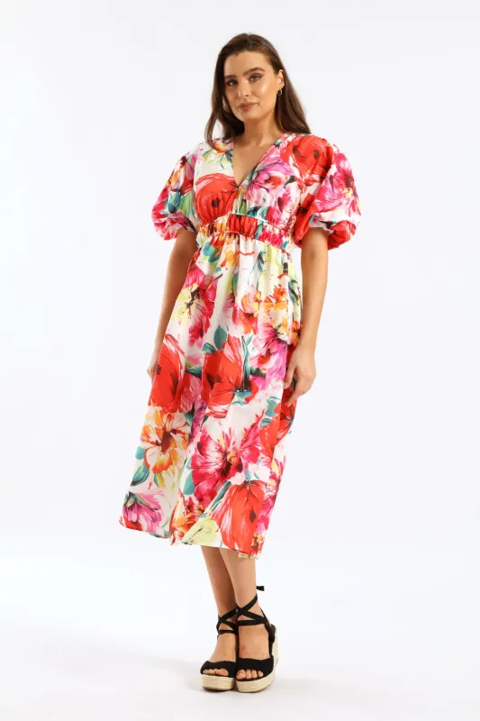 Bubble Sleeve V-Neck Tiered Midi Dress - Multi sold by Edgars