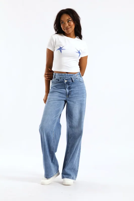 Asymmetrical Waistband Wide Leg Denim - Salty Mid Wash sold by Edgars