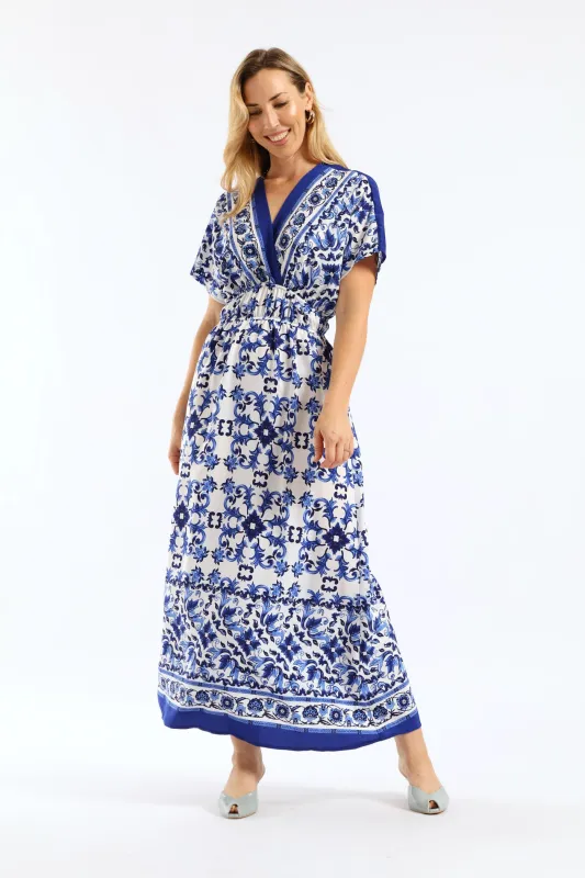 V-Neck Print Satin Fit & Flare Waisted Kaftan Maxi Dress - White/Blue sold by Edgars