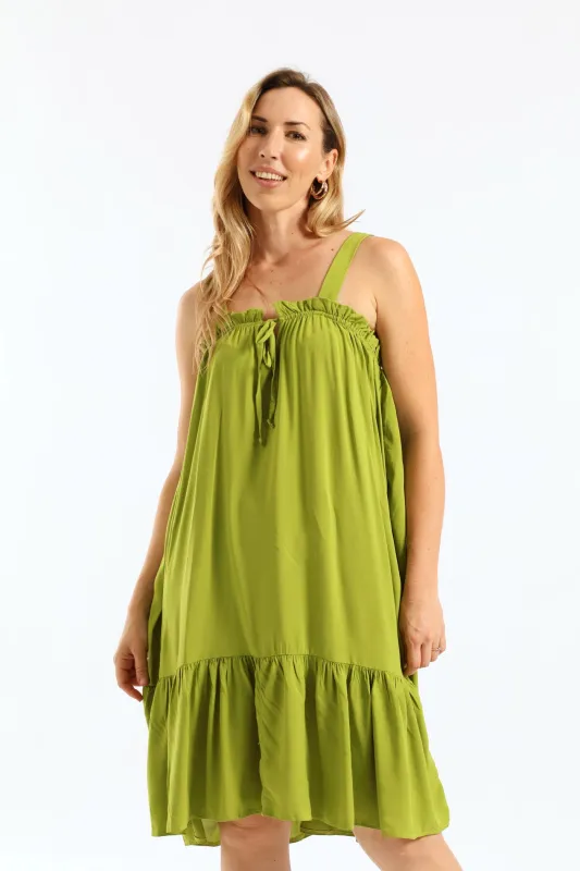 Square Neck Tie Front Frill Hem Mini Dress - Chartreuse sold by Edgars