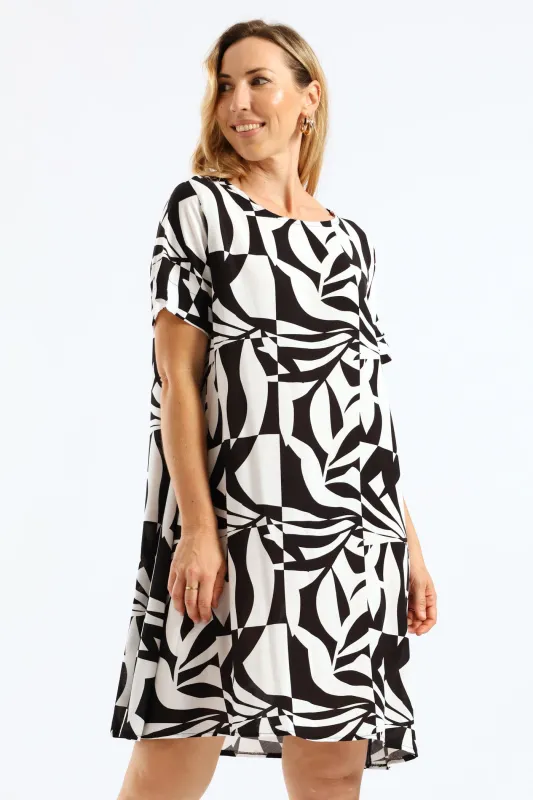 Tie Detail Woven Shift T-Shirt Mini Dress - Black/White made by Edgars