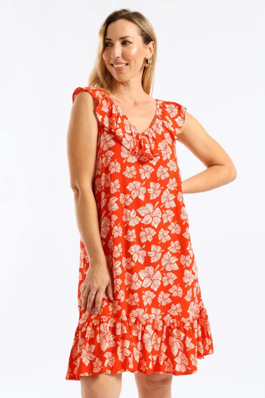 V-Neck Frill Hem Print Mini Dress - Orange/White sold by Edgars