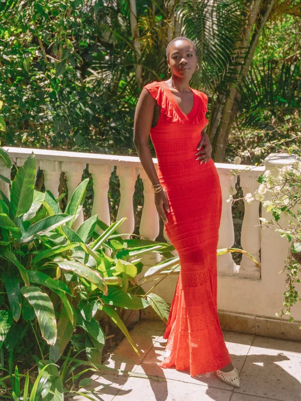 Frill V-Neck Crochet Fit & Flare Maxi Dress - Fiery Red sold by Edgars