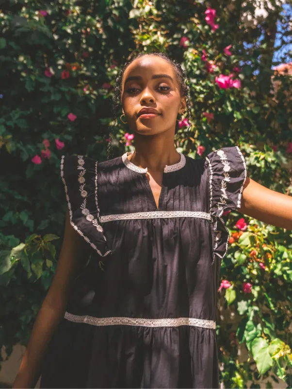 Contrast Trim & Embroidery Notch Neck Peasant Mini Dress - Black sold by Edgars