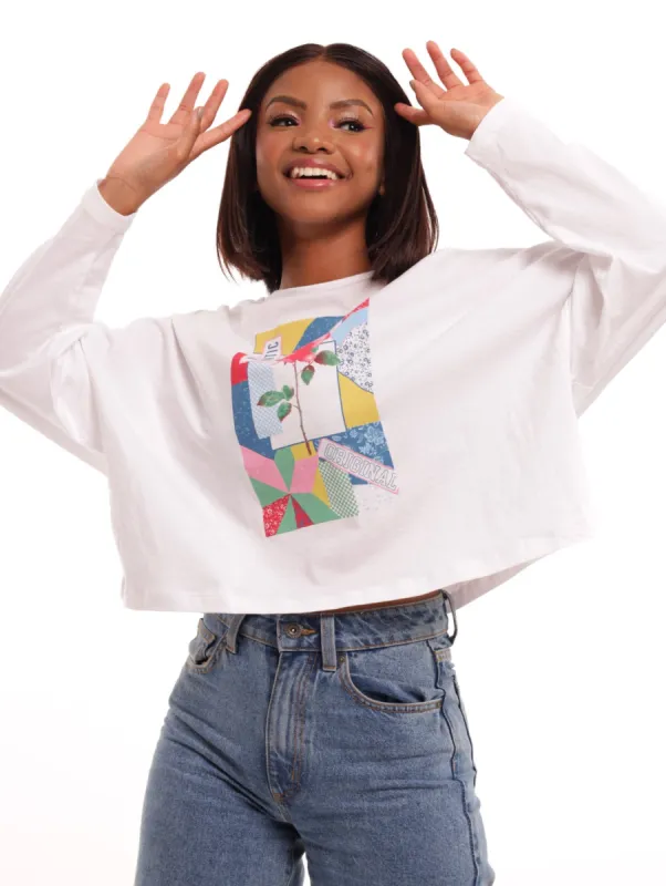 Ladies Long Sleeve Patchwork Boxy Tee - White sold by Edgars