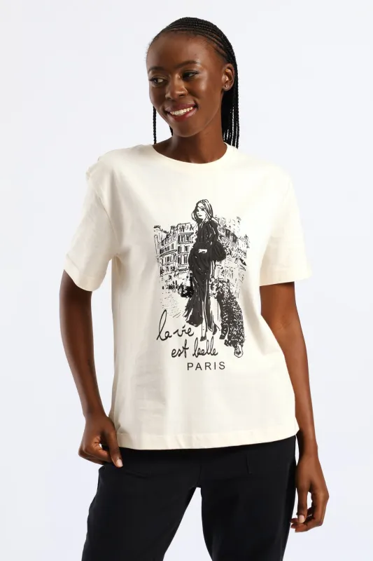 Sequin & Puff Print C'Est La Vie Paris Tee - Fawn sold by Edgars