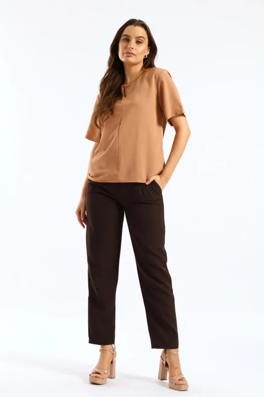 Keyhole Trim Popover Blouse - Brown sold by Edgars