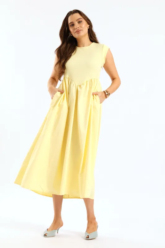 Cap Sleeve Rib Shaped Bodice Combo Midi Dress - Pastel Yellow sold by Edgars