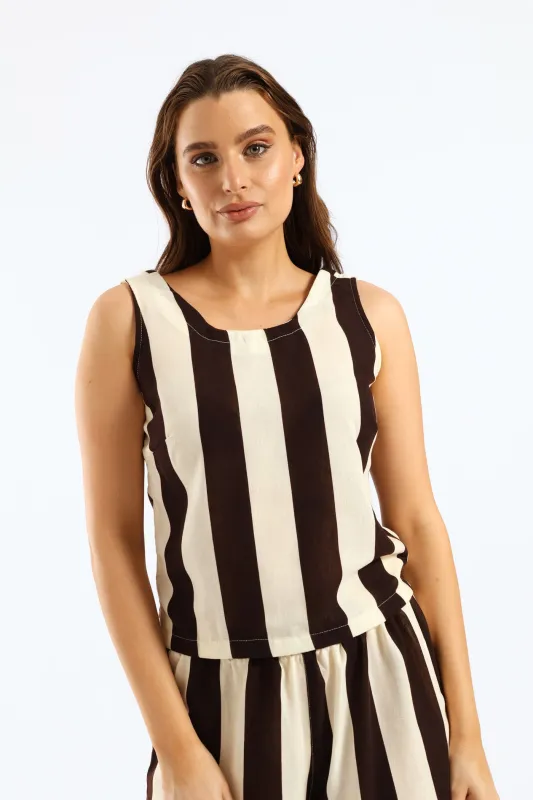 Bold Vertical Stripe Scoop Back Shell Tank - Cream/Chocolate sold by Edgars