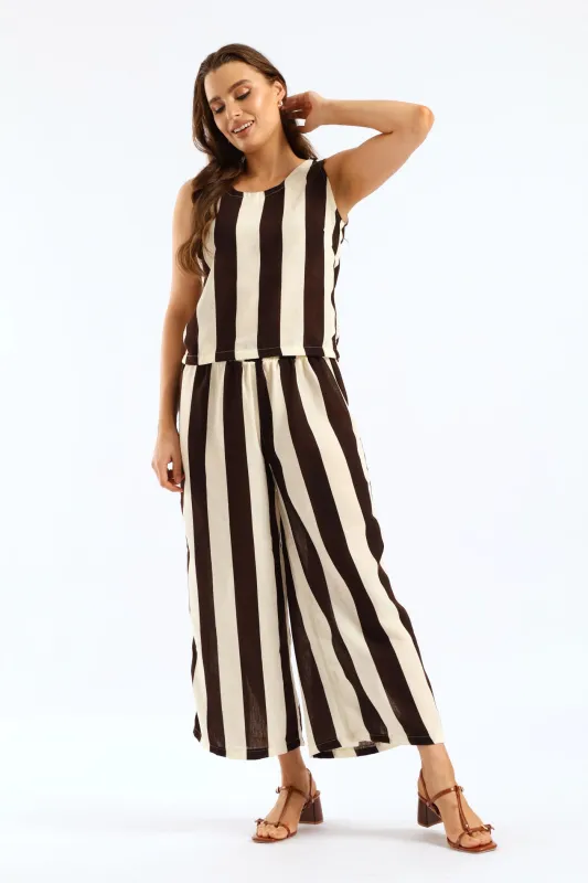 Elasticated Tie-Front Pull-On Bold Stripe Culotte Pant - Cream/Chocolate sold by Edgars