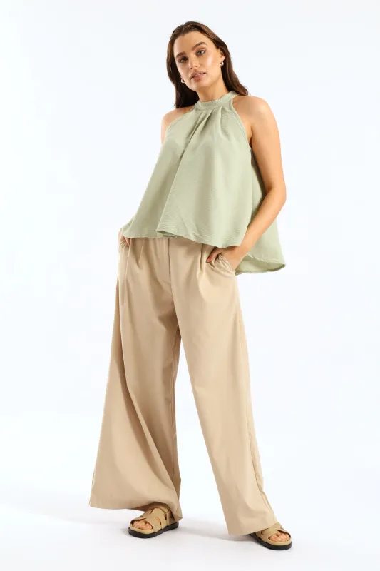 Pleat Detail Chino Palazzo Trouser - Light Stone sold by Edgars