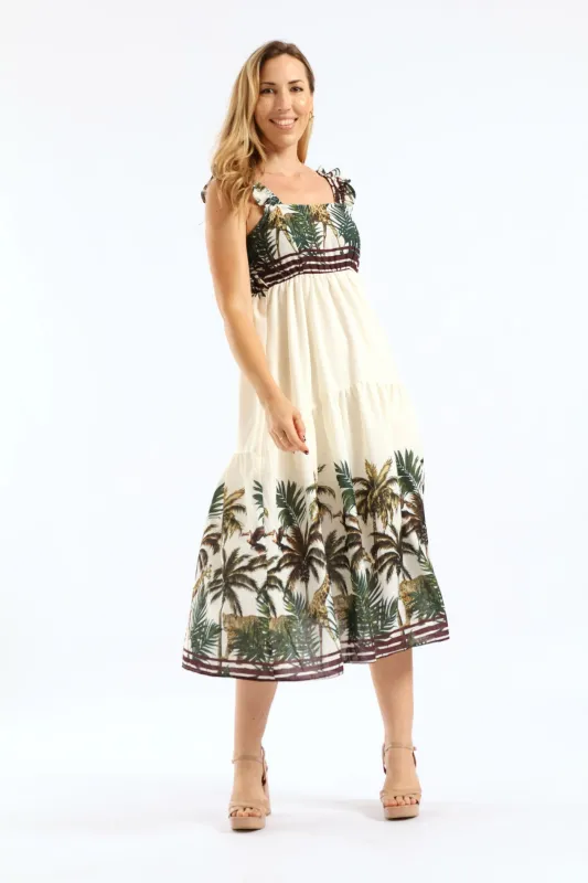 Frill Strap Button Through Jungle Border Print Sundress - Chocolate sold by Edgars
