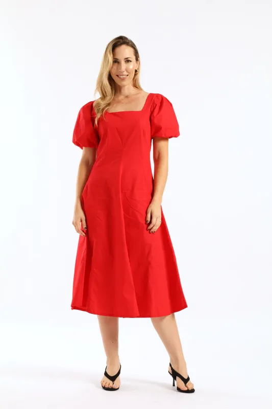 Bubble Sleeve Square Neck Panelled Midaxi Dress - Red sold by Edgars