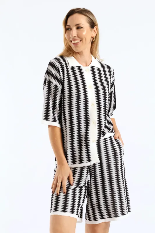 Button Through Knitwear Collared Shirt - Black/White sold by Edgars