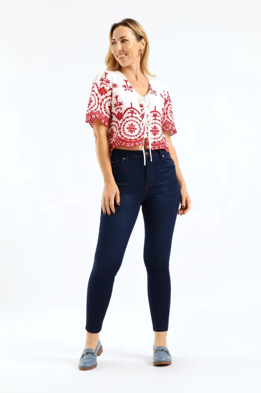 Tie Front Embroidered Anglaise Top - White/Red sold by Edgars