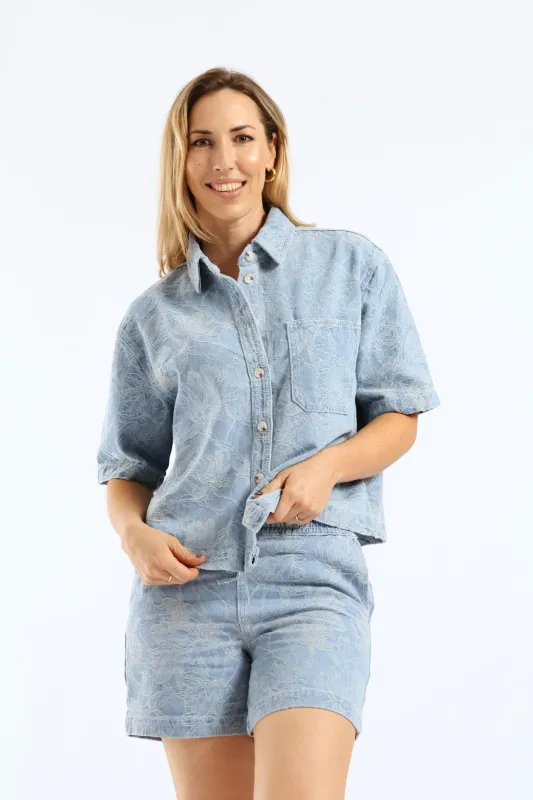 Jacquard Floral Denim Boxy Shirt - Light Wash sold by Edgars