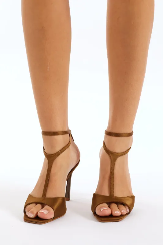 Peep Toe T Bar Mule Stiletto Sandal - Caramel sold by Edgars