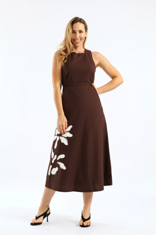 Cross Back Beaded Applique Midi Pinafore Dress - Dark Chocolate sold by Edgars