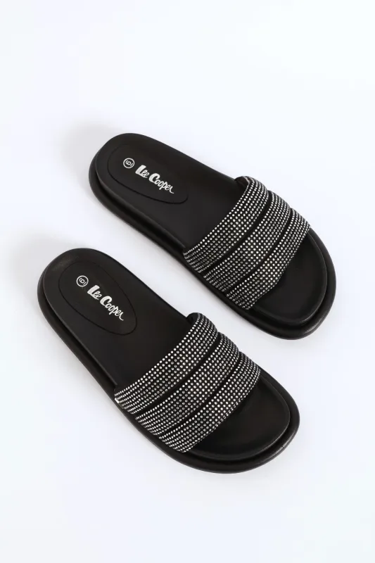 Stitched Diamante Upper Diamond Ingot Push In Sandal - Black sold by Edgars